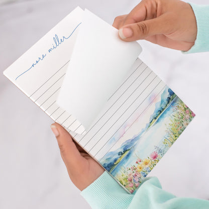 Personalized Notepad - Custom Stationery with Lake Landscape & Flower Design