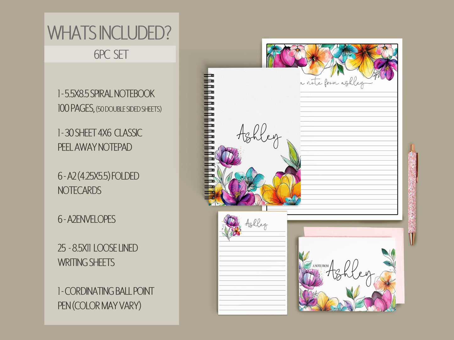 Personalized Stationery Set - Floral Notepad Set With Spiral Notebook & Writing Paper Envelopes