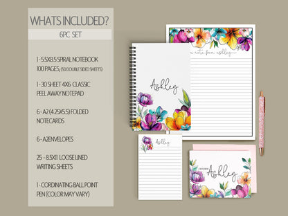 Personalized Stationery Set - Floral Notepad Set With Spiral Notebook & Writing Paper Envelopes
