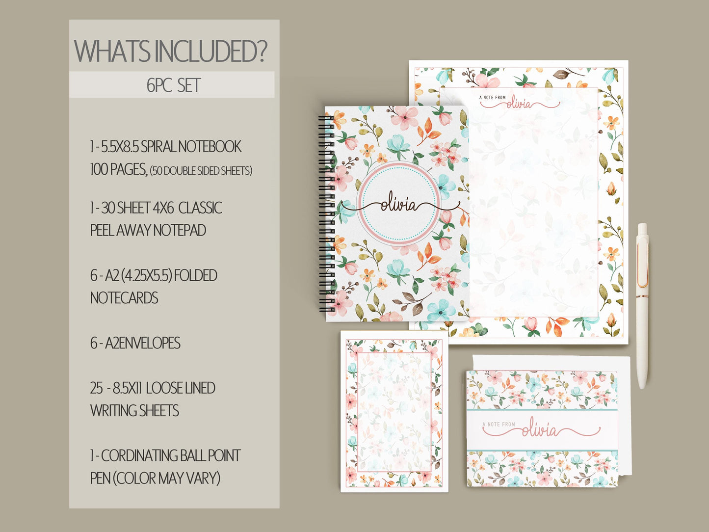 Personalized Stationery Set - Floral Notepads & Wildflower Notebook With Pen