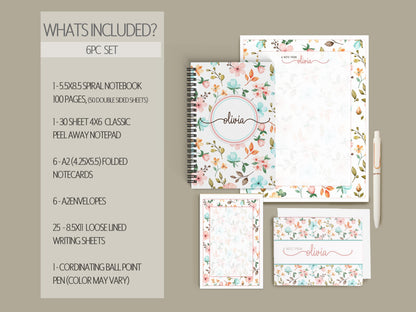 Personalized Stationery Set - Floral Notepads & Wildflower Notebook With Pen