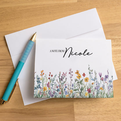 Personalized Note Cards - Wildflower Note Cards Set with Custom Name & Matching Envelope Colors