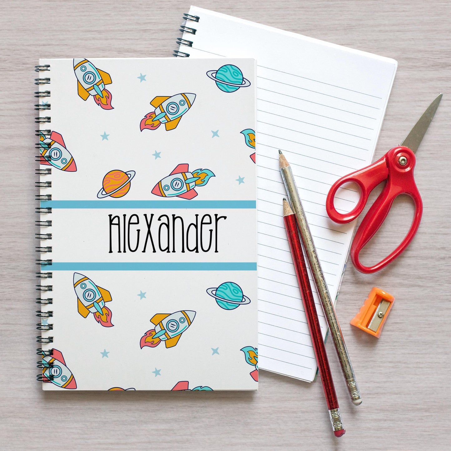 Custom Spiral Notebook - Personalized Kids Writing Journal With Space Rocket Design