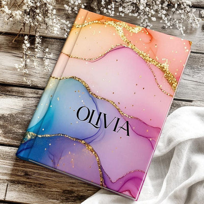 Personalized Hardcover Journal - Custom Name Rainbow Marble Notebook for Women's Writing