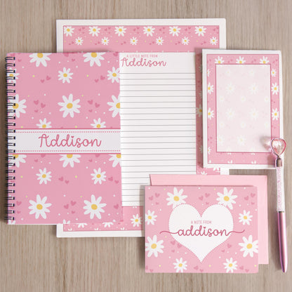 Personalized Stationery Set - Kids Letter Writing Kit with Pink Daisy Notebook & Envelopes