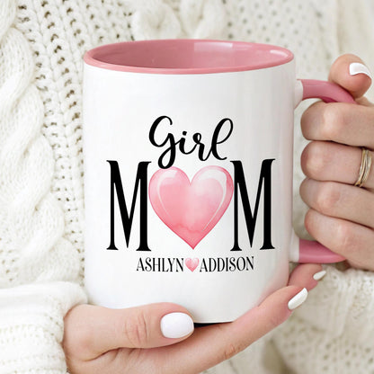 Personalized Girl Mom Mug – Custom Name Ceramic Coffee Cup with Pink Heart Gift for Mom