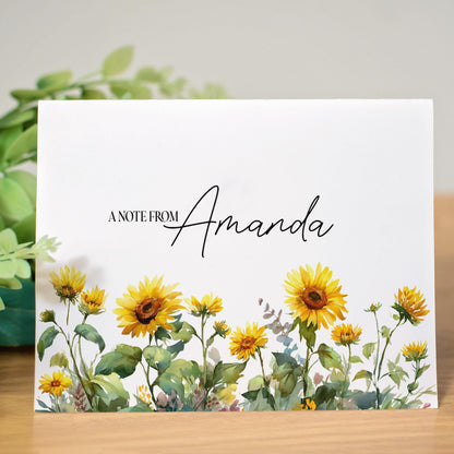 Personalized Note Cards – Sunflower Stationery Set with Custom Name, Envelopes Included