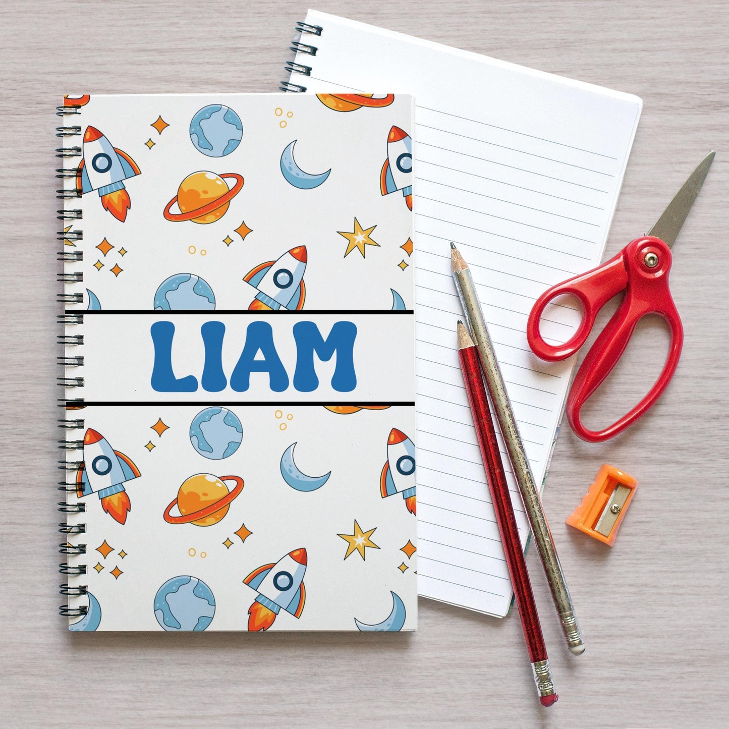 Custom Boys Notebook - Personalized Space Rocket Spiral Bound Journal with Lined or Blank Pages
