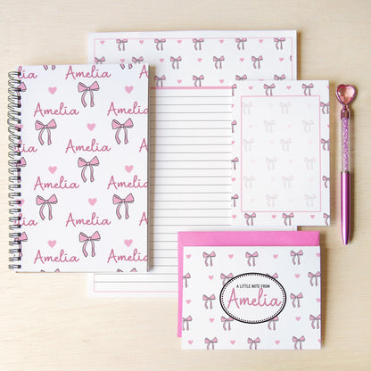 Personalized Stationery Set - Kids Letter Writing Kit with Pink Bow Notebook & Notepad