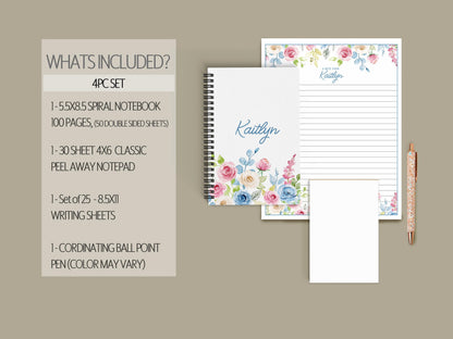 Personalized Stationery Set - Floral Writing Paper, Notebook & Notecard Pen Gift
