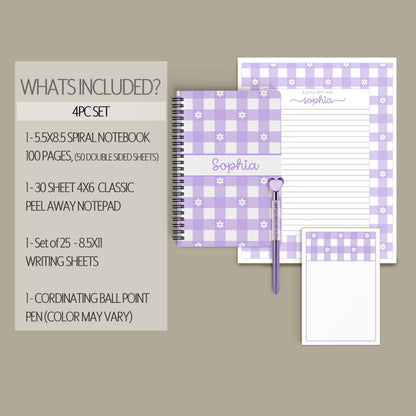 Personalized Stationery Set - Kids Letter Writing Kit with Flower Notebook & Pen