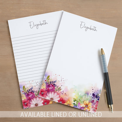 Personalized Flower Notepad - Custom Name Notepads With Rainbow Floral Garden Design