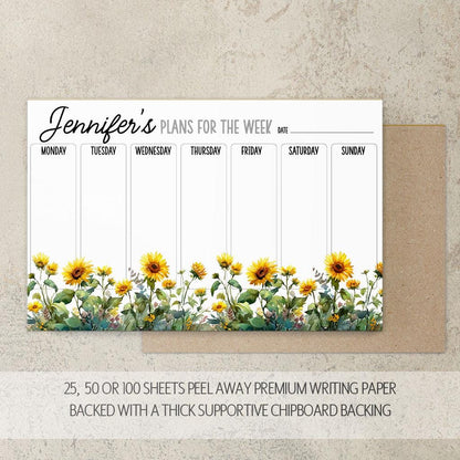Personalized Weekly Planner - Custom Name Notepad With Sunflower Design | Teacher Gift Idea