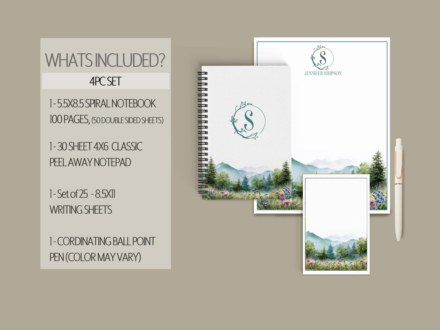 Personalized Stationery Set – Floral Notebook & Envelope Notecard Writing Gift