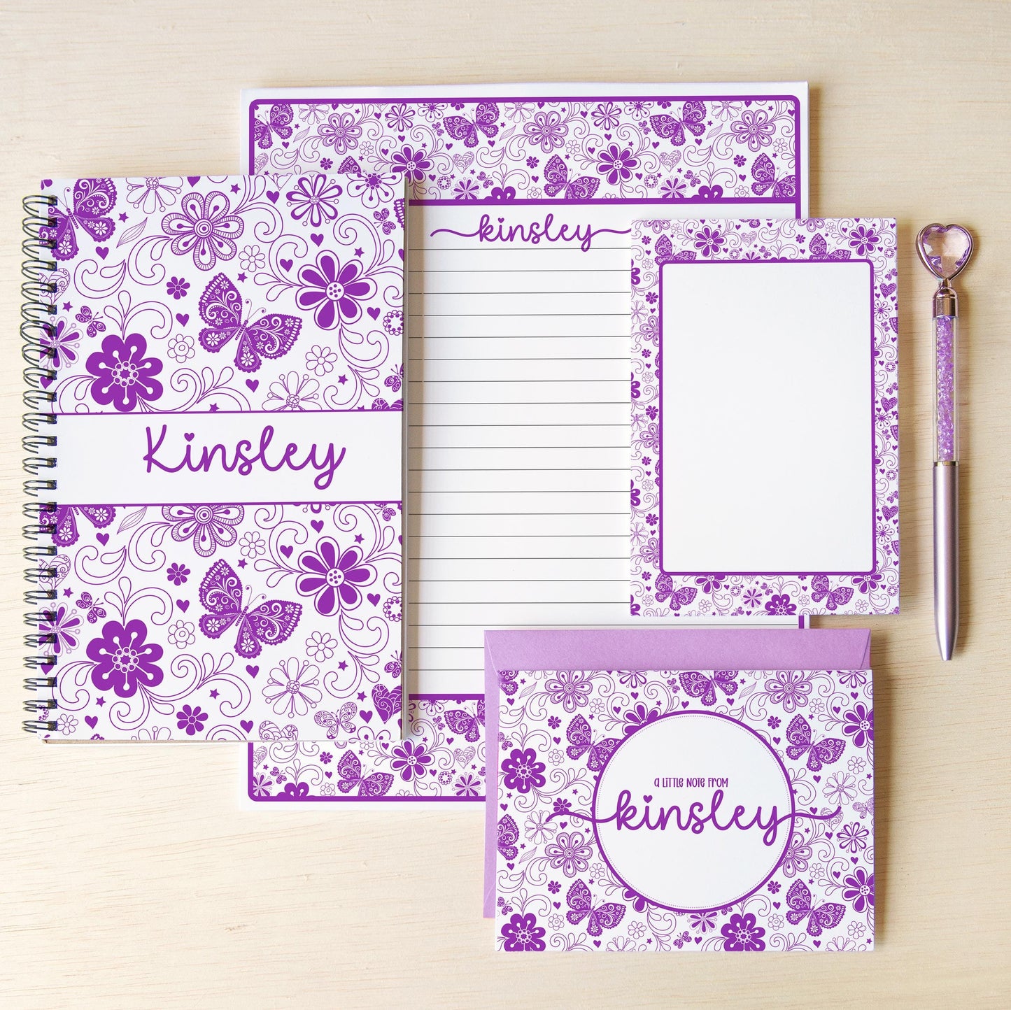 Personalized Stationery Set - Girls Butterfly Letter Writing Set with Spiral Notebook & Pen
