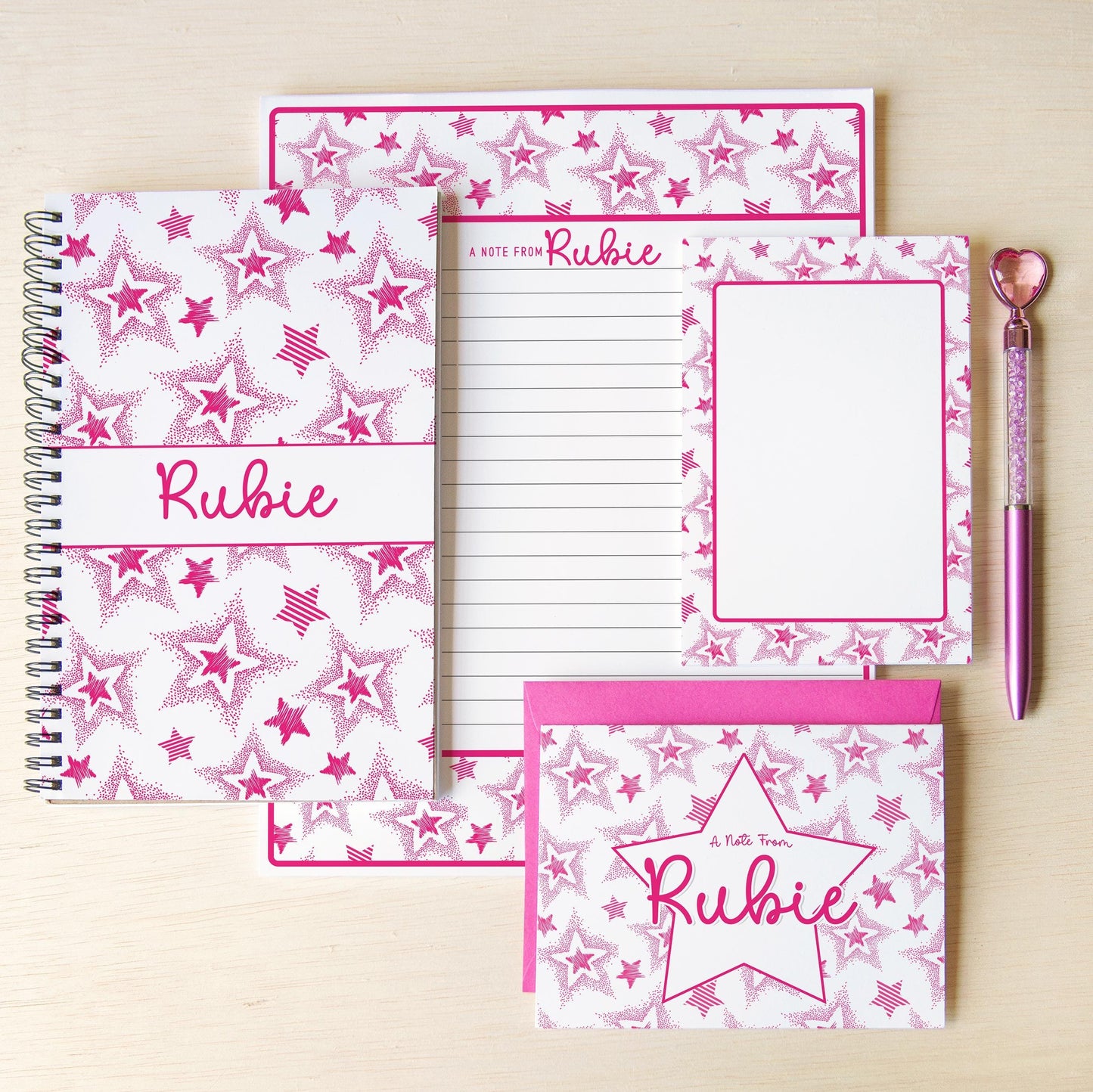 Personalized Stationery Set - Girls Star Letter Writing Set with Notebook and Pen