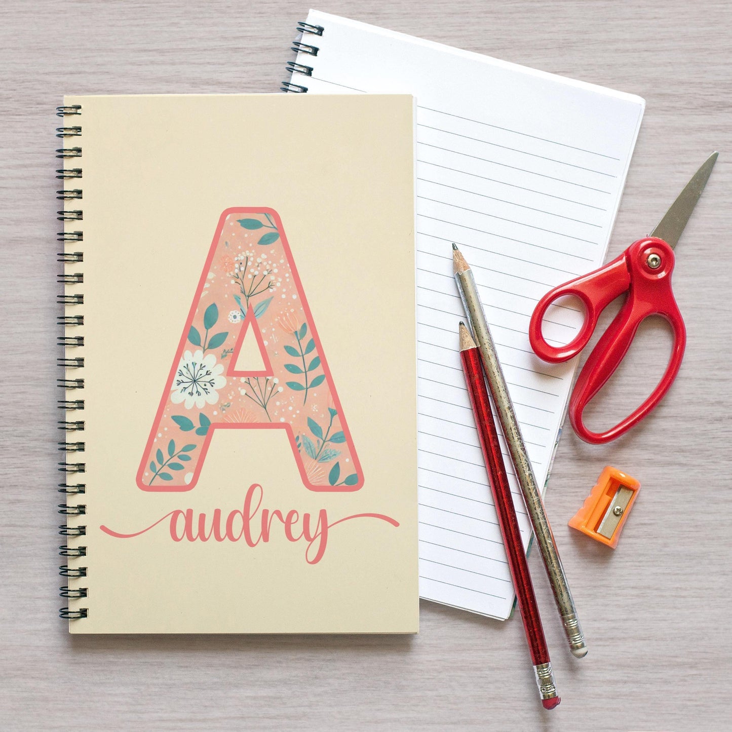Personalized Womens Notebook - Custom Monogram Journal With Coral Teal Floral Design