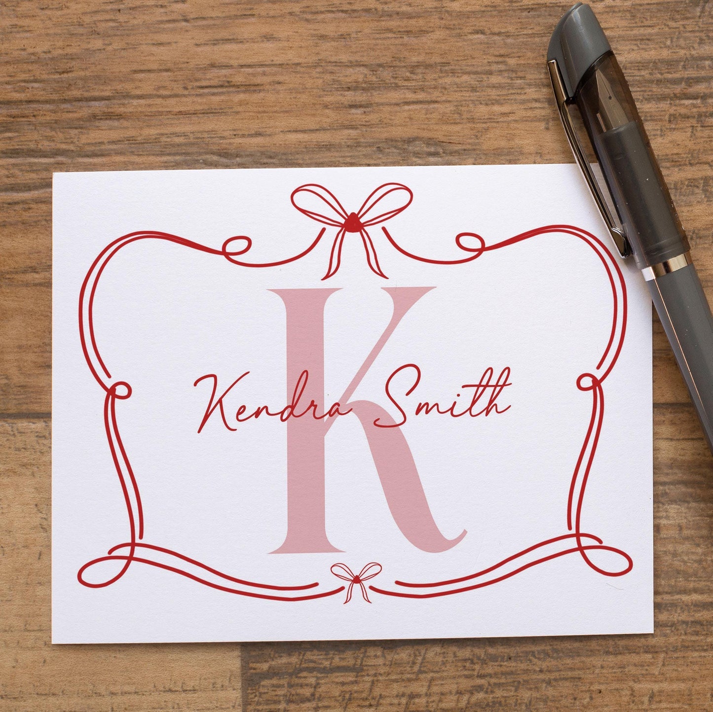 Personalized Monogram Note Cards – Custom Folded Cards with Hand Drawn Bow Design & Self Seal Envelopes