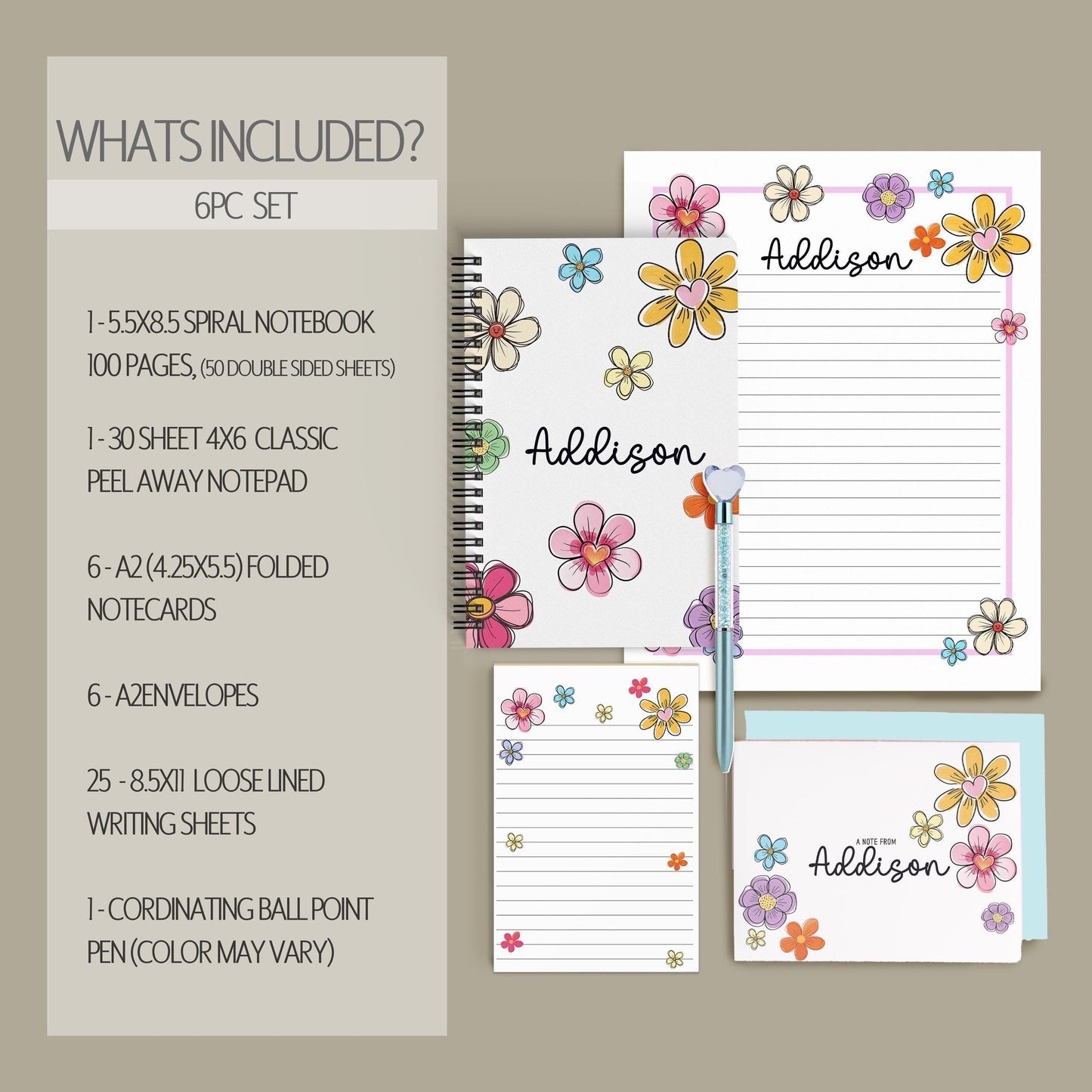 Personalized Stationery Set – Kids Letter Writing Kit With Floral Notepads & Envelopes