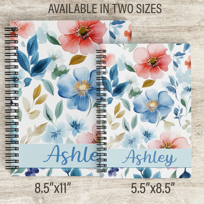 Personalized Notebook - Custom Wildflower Journal | Blue Floral Spiral Bound Journal