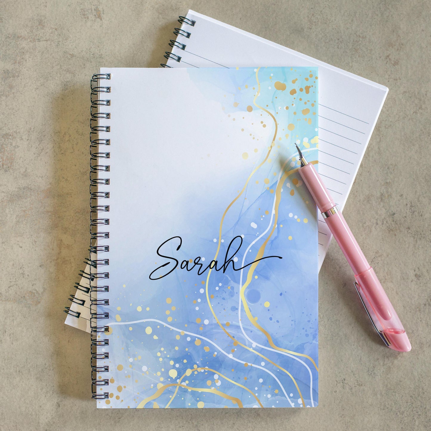Personalized Blue Notebook - Custom Spiral Notebook With Pretty Blue Marble Cover
