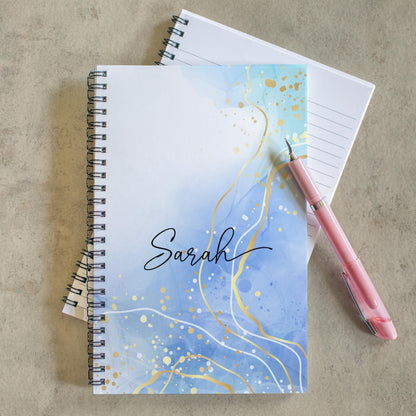 Personalized Blue Notebook - Custom Spiral Notebook With Pretty Blue Marble Cover