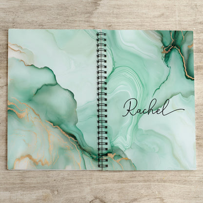 Personalized Spiral Notebook – Custom Name Journal | Mint Green Marble Sketchbook, 100 Pages