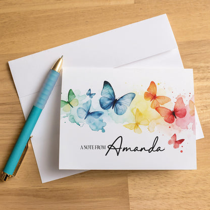 Personalized Note Cards - Rainbow Butterfly Custom Name Notecards with Envelopes
