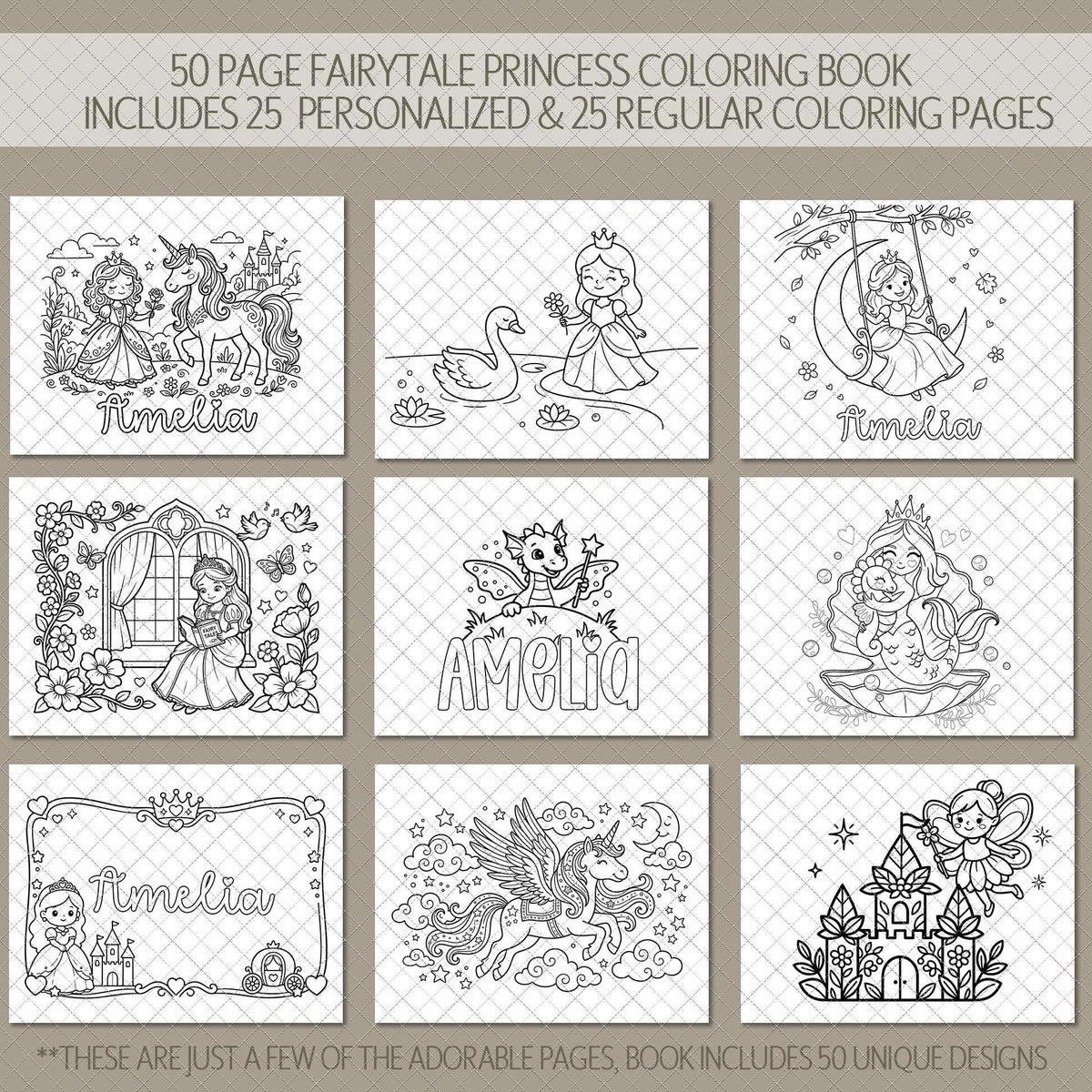 Personalized Girls Coloring Book, Princess Unicorn, 50Pg, 11x8.5