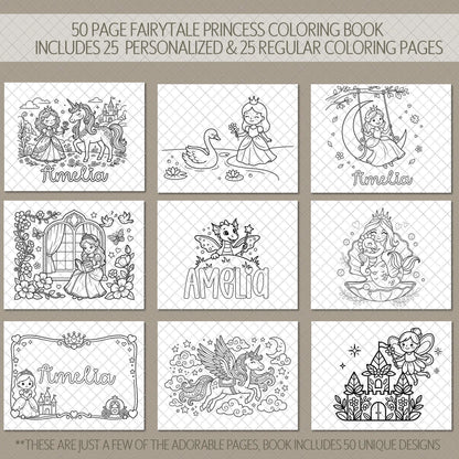 Personalized Girls Coloring Book, Princess Unicorn, 50Pg, 11x8.5