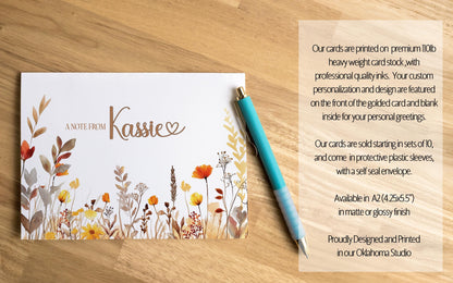 Personalized Note Cards - Boho Autumn Fall Wildflower Custom Name Notecards with Envelopes