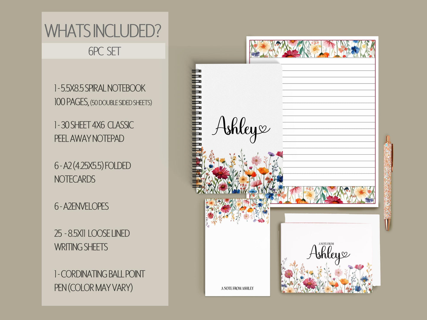 Personalized Stationery Set - Floral Stationery Kit With Spiral Notebook & Lined Writing Sheets