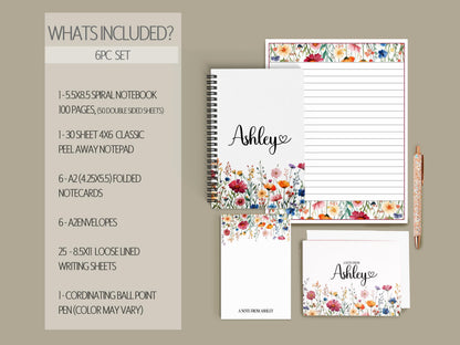 Personalized Stationery Set - Floral Stationery Kit With Spiral Notebook & Lined Writing Sheets