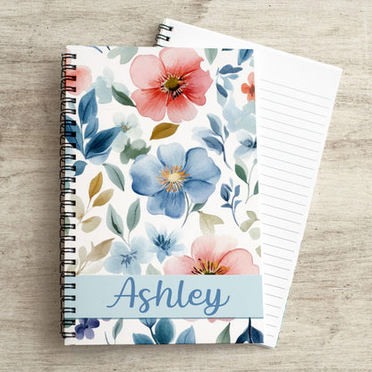 Personalized Notebook - Custom Wildflower Journal | Blue Floral Spiral Bound Journal