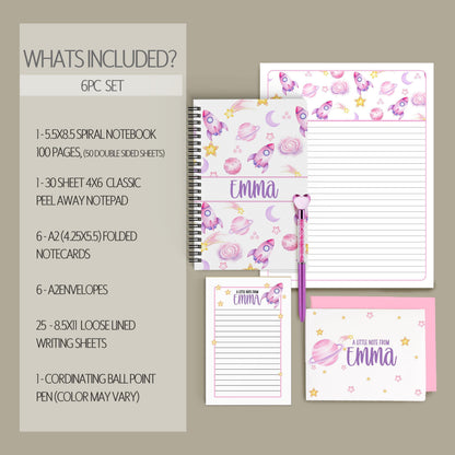 Girls Stationery Set - Personalized Kids Letter Writing Kit with Pink Astronaut Notebook & Space Rocket Paper