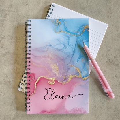 Personalized Pink Notebook – Spiral Bound Notebook With Lined Or Blank Pages, Custom Marbled Ink Design