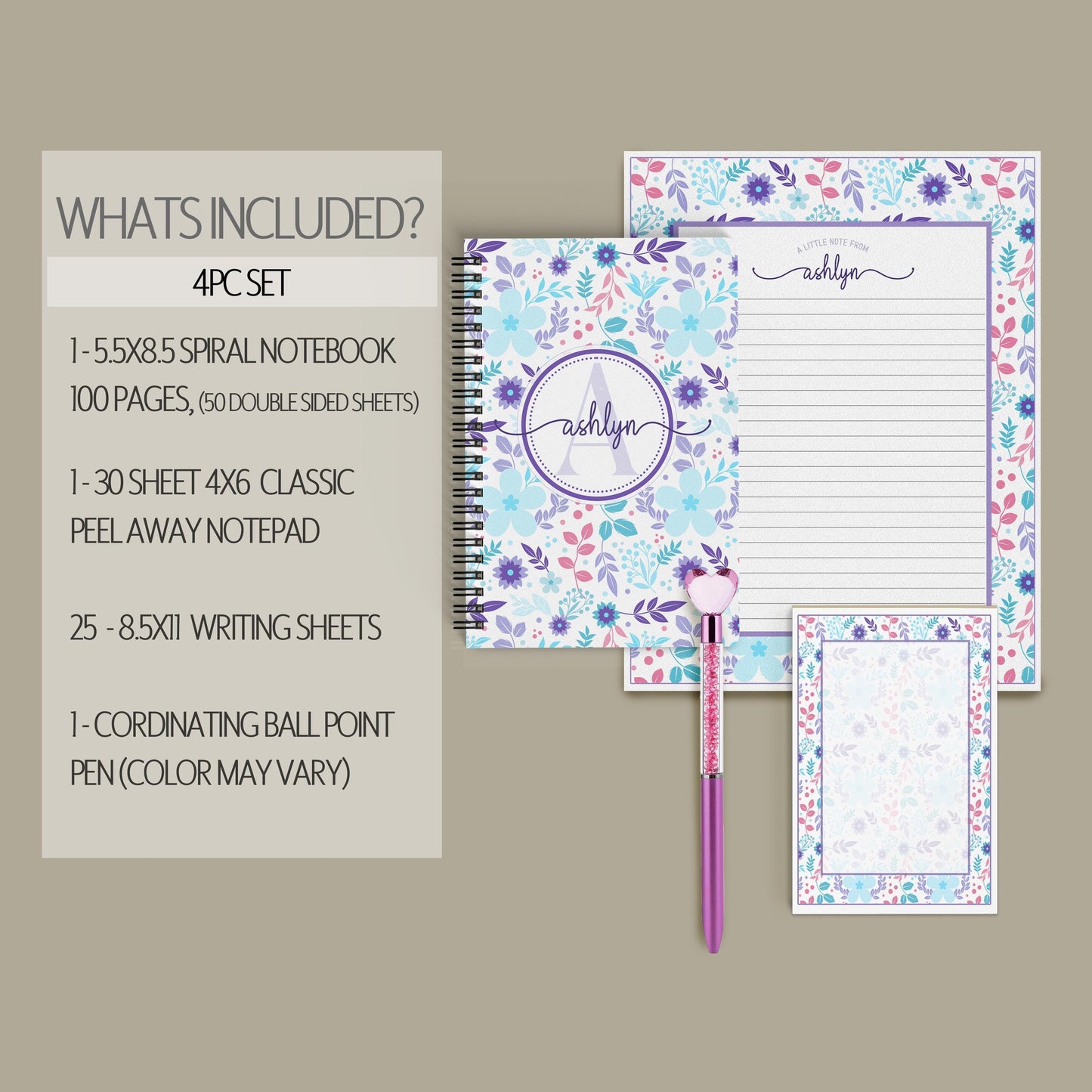 Personalized Stationery Set - Kids Letter Writing Kit with Floral Notebook & Pen