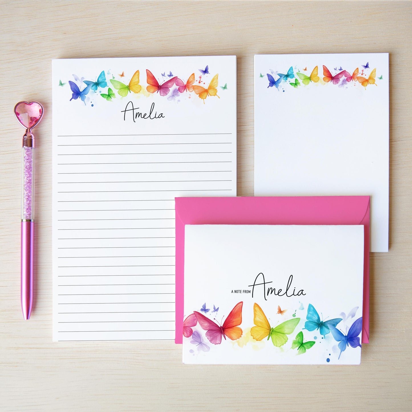 Personalized Stationery Set - Rainbow Butterfly Letter Writing Sets with Premium Paper & Self-Seal Envelopes