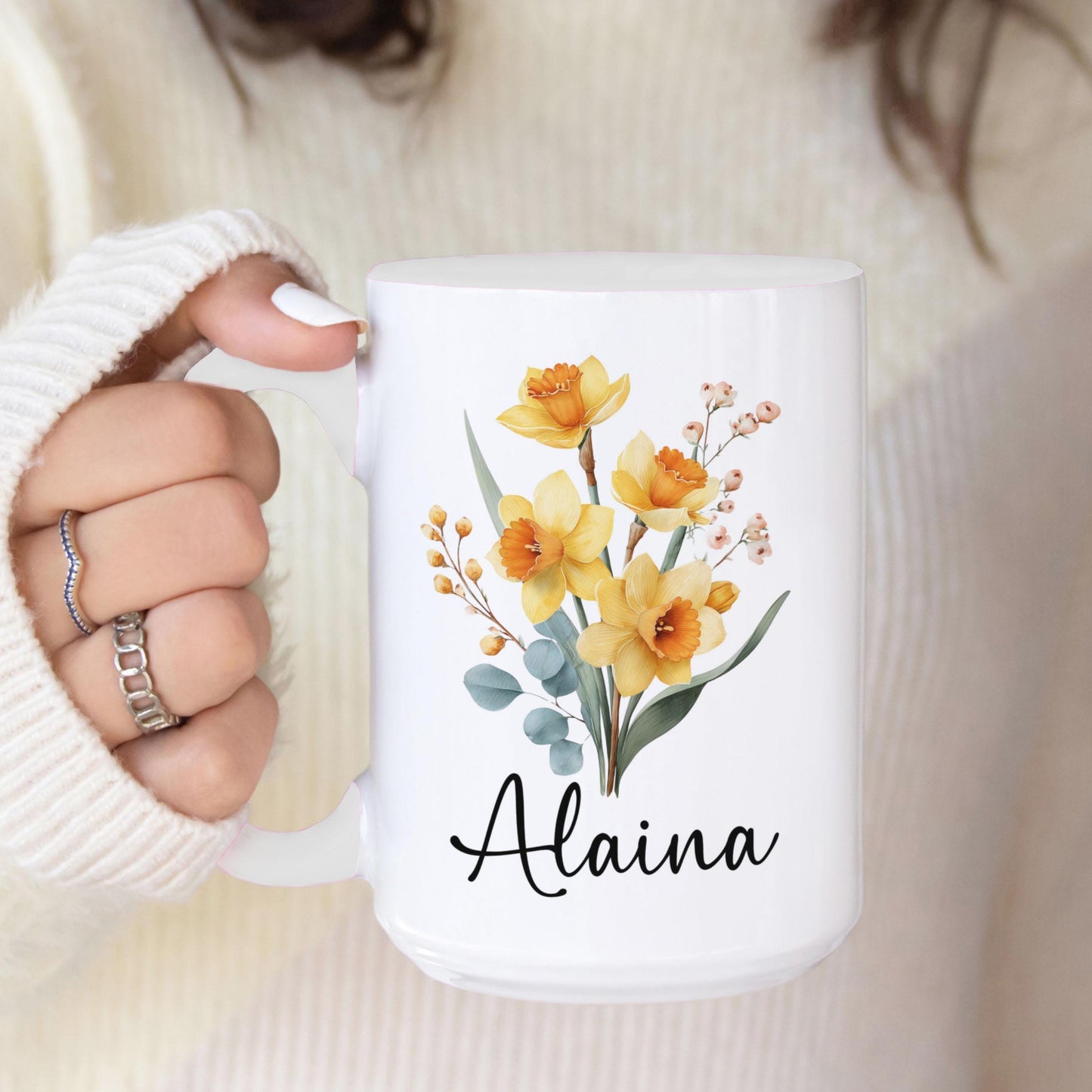 Custom Birth Flower Mug - Personalized Monogram Name Coffee Cup | Ceramic, Microwave Safe