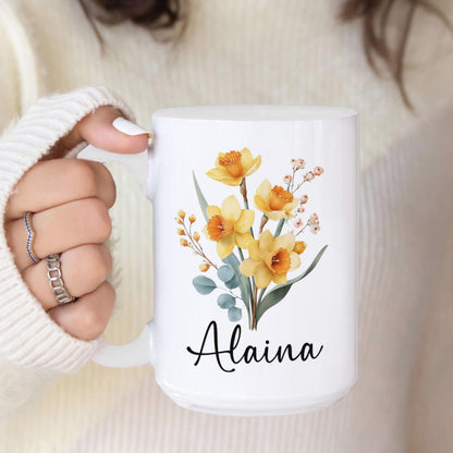 Custom Birth Flower Mug - Personalized Monogram Name Coffee Cup | Ceramic, Microwave Safe