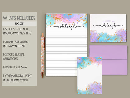 Personalized Stationery Set - Girls Watercolor Letter Writing Sets with Pen & Envelopes