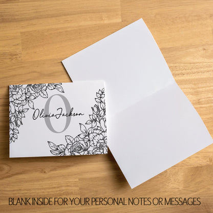 Personalized Monogram Note Cards - Custom Folded Greeting Cards Floral Design Set