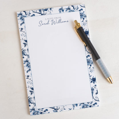 Personalized Notepad - Custom Name Notepads with Blue White Stationery & Floral Chinoiserie Design