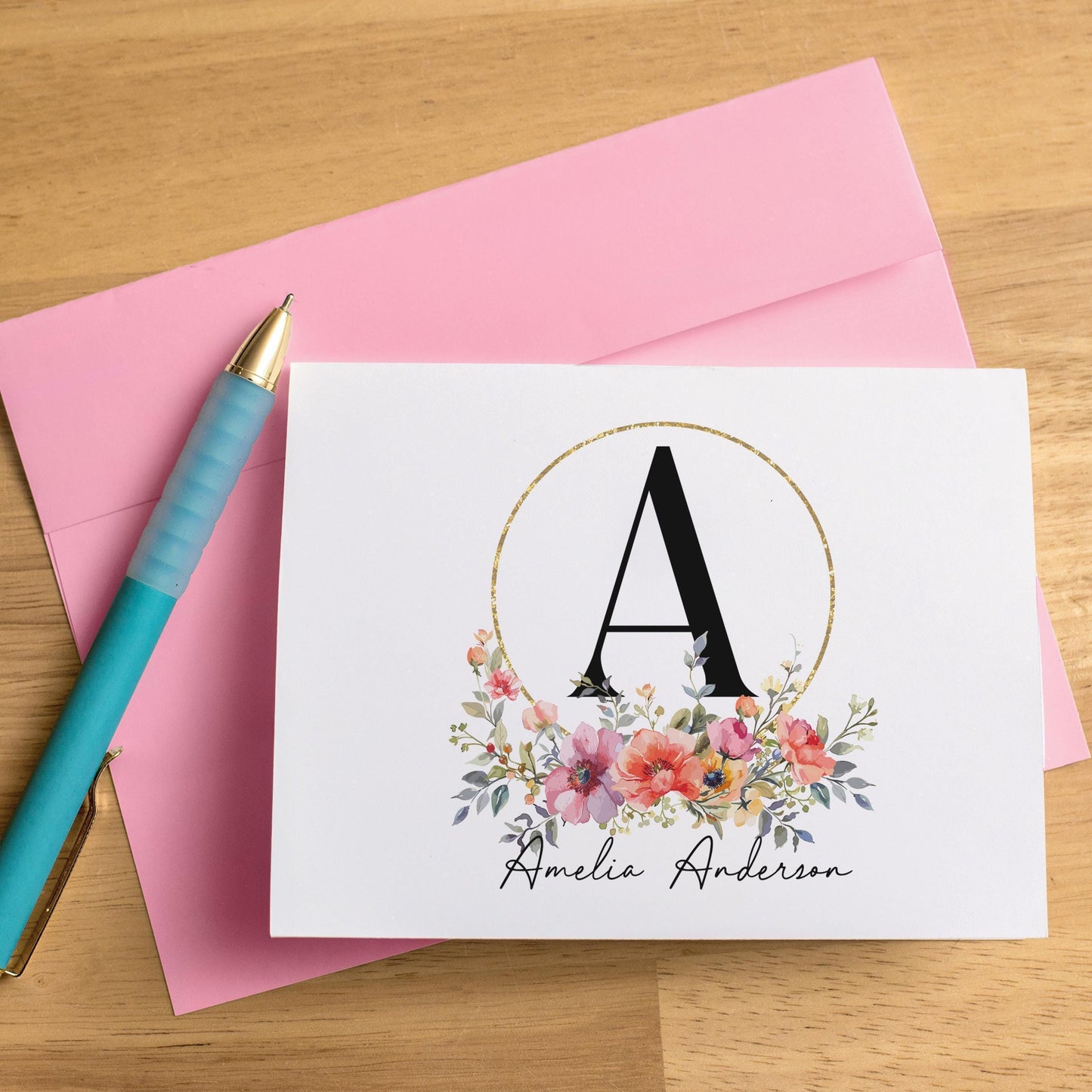 Personalized Note Cards - Floral Stationery Set with Custom Folded Cards & Matching Envelopes