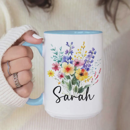 Personalized Flower Mug - Custom Rainbow Wildflower Ceramic Coffee Cup, Gift for Best Friend