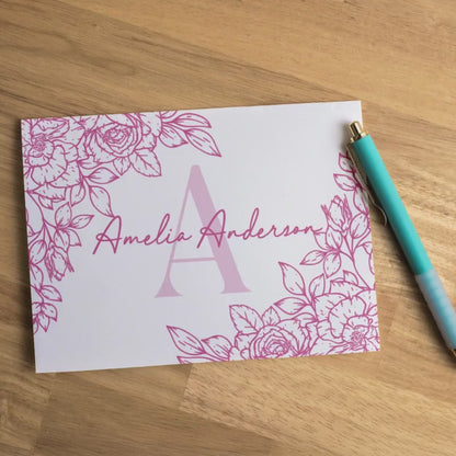 Personalized Monogram Note Cards - Custom Folded Greeting Cards Floral Design Set