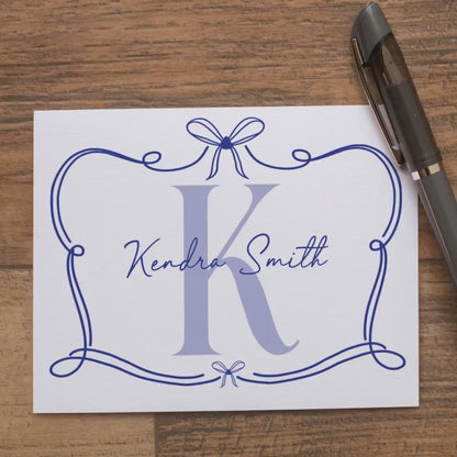 Personalized Monogram Note Cards – Custom Folded Cards with Hand Drawn Bow Design & Self Seal Envelopes
