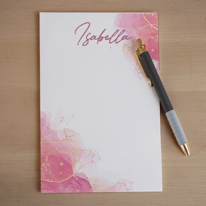 Personalized Notepad - Custom Name Notepad With Pink Watercolor Design, Marble Stationery